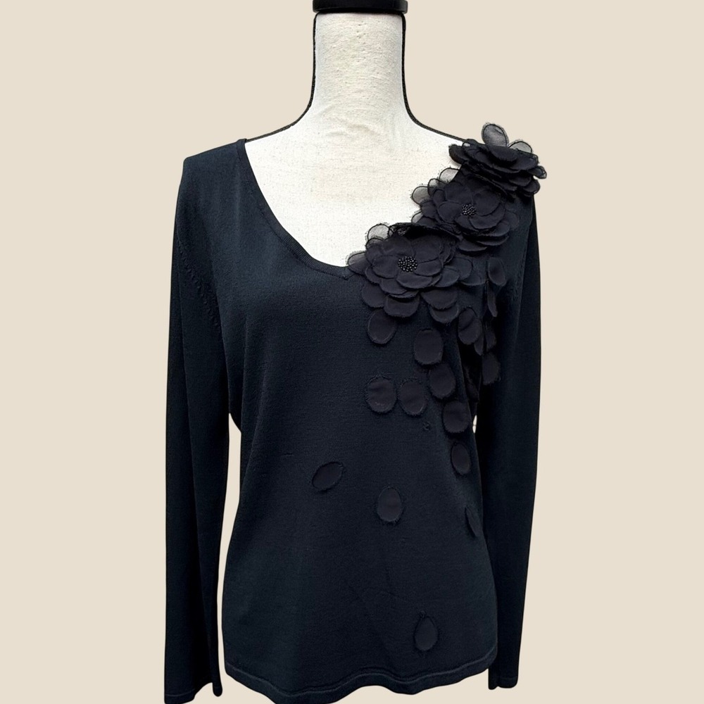 Michelle Nicole Black V-Neck Sweater 3D Floral Applique Beaded XL